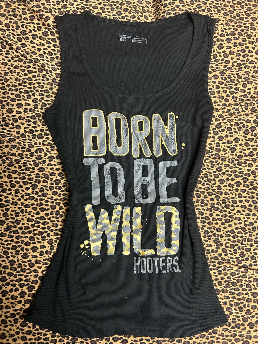 Hooters Black Tank Top with Yellow and Gray 'Born to Be Wild' Graphic